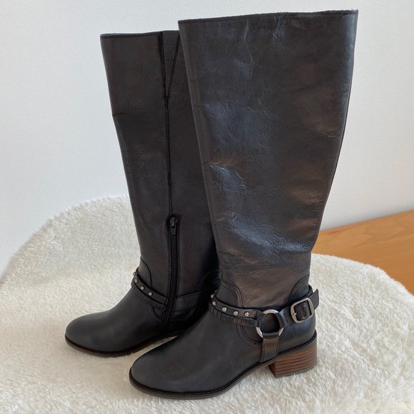 Lucky Brand Women's Karesi Leather Stacked Heel Harness Knee-High, Black, Size 7 - Picture 3 of 12